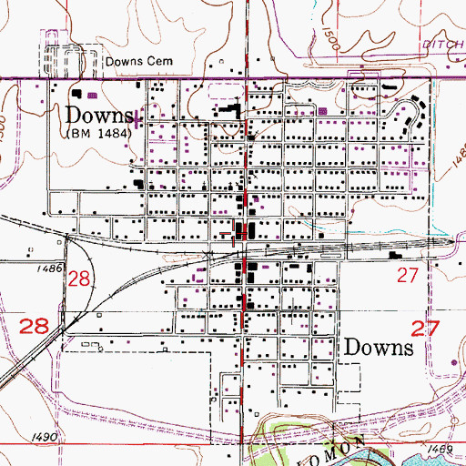 Topographic Map of Downs Post Office, KS