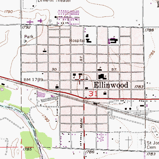 Topographic Map of Ellinwood Post Office, KS