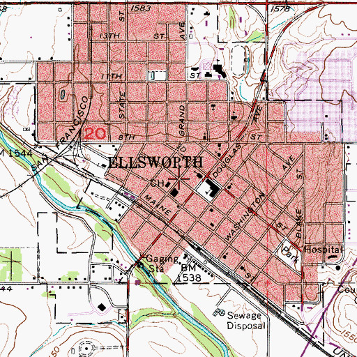 Topographic Map of Ellsworth Post Office, KS