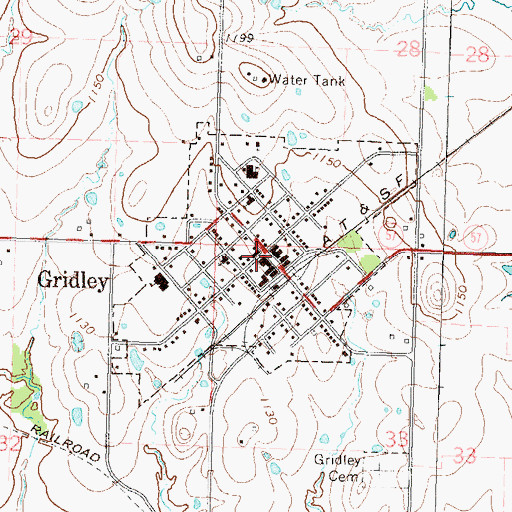 Topographic Map of Gridley Post Office, KS