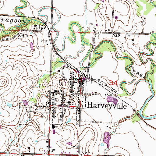 Topographic Map of Harveyville Post Office, KS