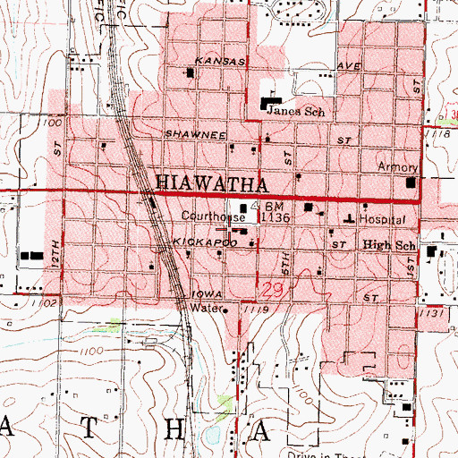 Topographic Map of Hiawatha Post Office, KS