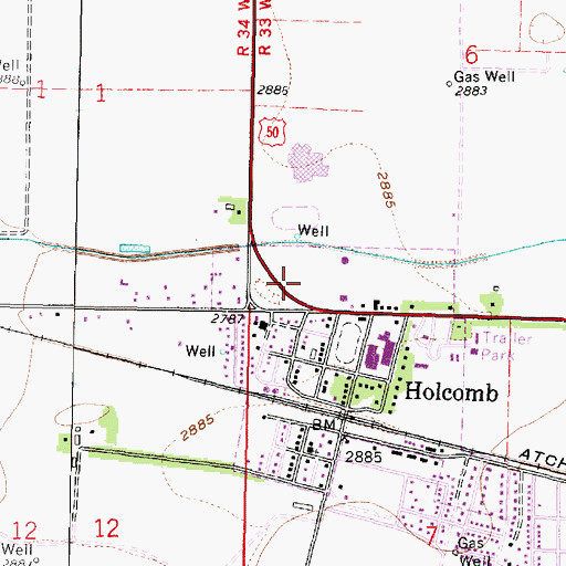 Topographic Map of Holcomb Post Office, KS