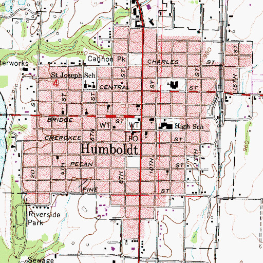 Topographic Map of Humboldt Post Office, KS
