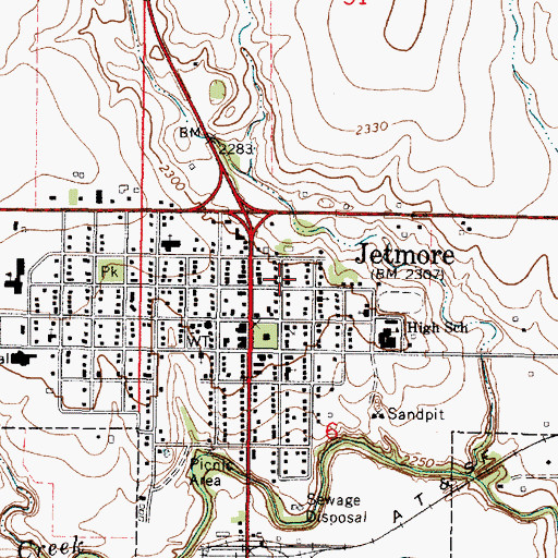 Topographic Map of Jetmore Post Office, KS