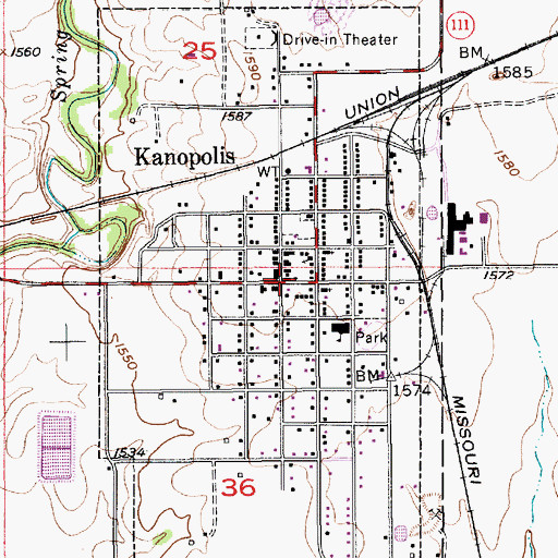 Topographic Map of Kanopolis Post Office, KS