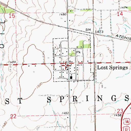 Topographic Map of Lost Springs Post Office, KS