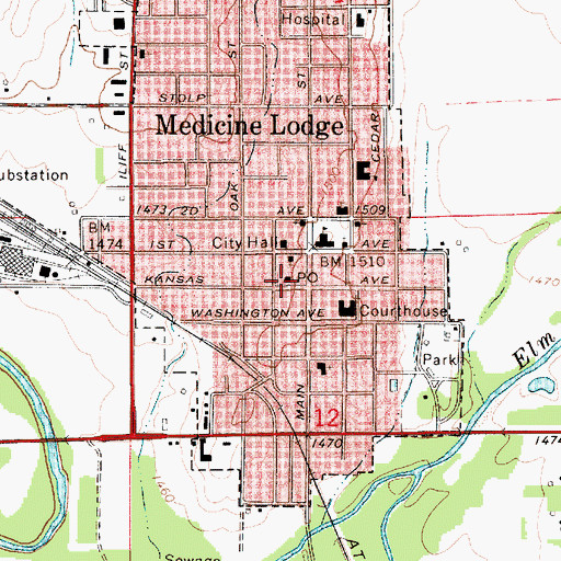 Topographic Map of Medicine Lodge Post Office, KS