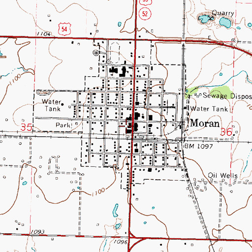 Topographic Map of Moran Post Office, KS