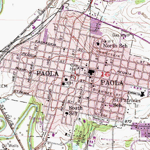 Topographic Map of Paola Post Office, KS