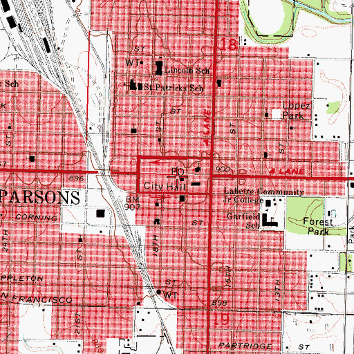 Topographic Map of Parsons Post Office, KS