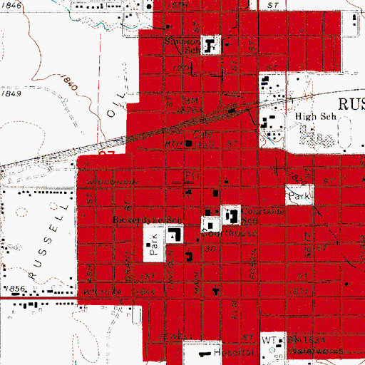 Topographic Map of Russell Post Office, KS