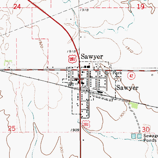 Topographic Map of Sawyer Post Office, KS