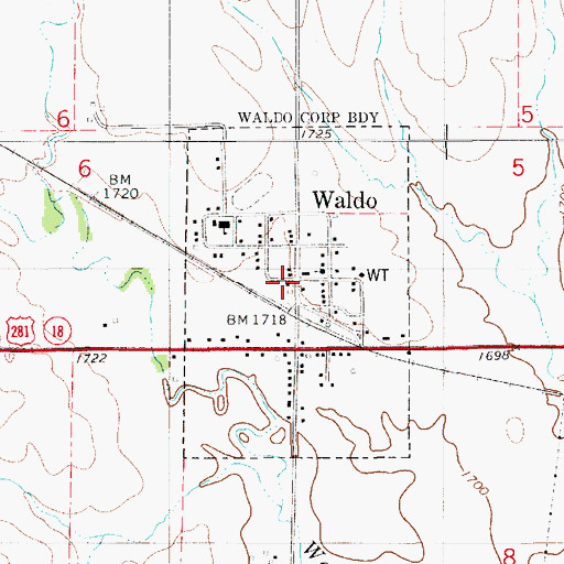 Topographic Map of Waldo Post Office, KS