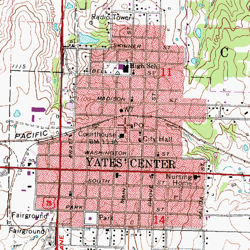 Topographic Map of Yates Center Post Office, KS