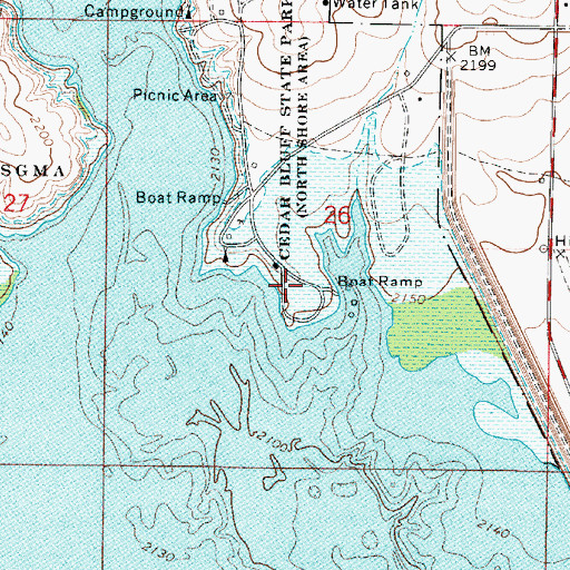 Topographic Map of Cedar Bluff State Park Bluffton Campground, KS