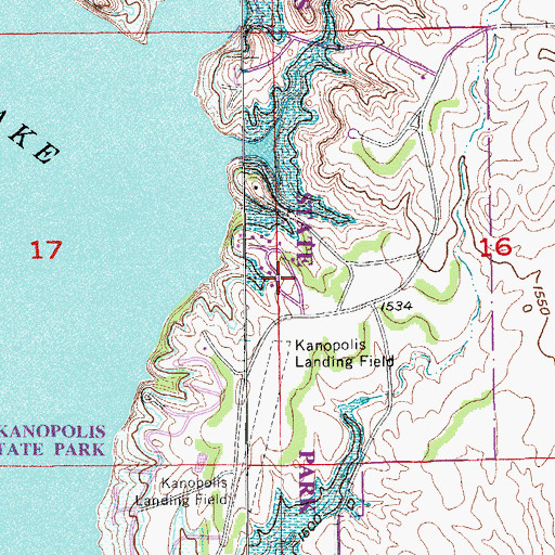 Topographic Map of Kanopolis State Park Rockwall Campground, KS