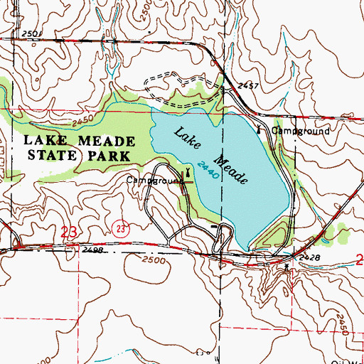 Topographic Map of Meade State Park West Shore Campground, KS