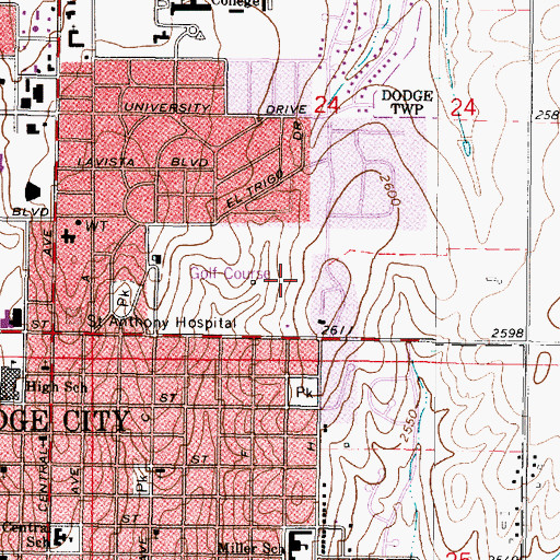 Topographic Map of Dodge City Country Club, KS