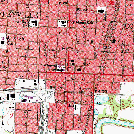 Topographic Map of Coffeyville Public Library, KS