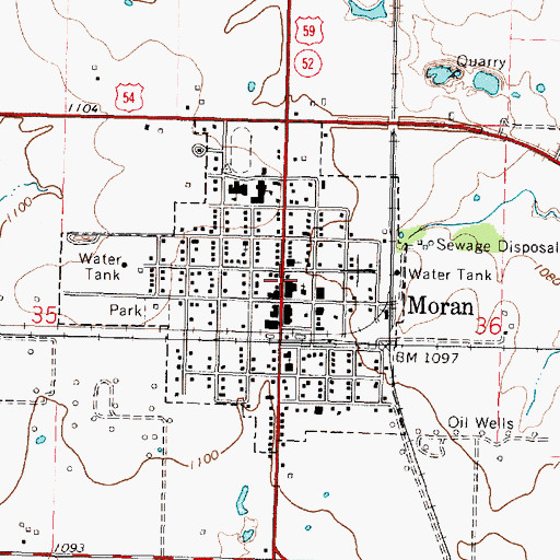 Topographic Map of Moran Public Library, KS