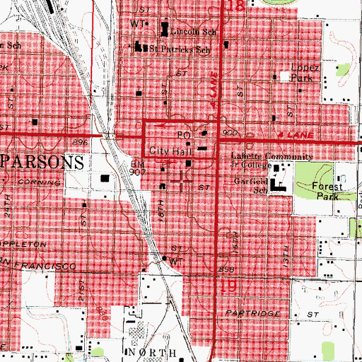 Topographic Map of Parsons Public Library, KS