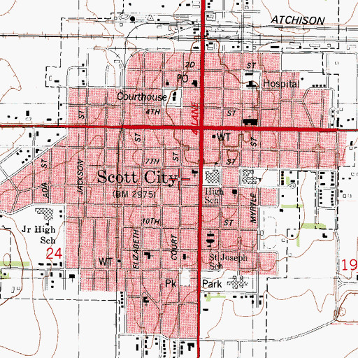 Topographic Map of Scott County Library, KS