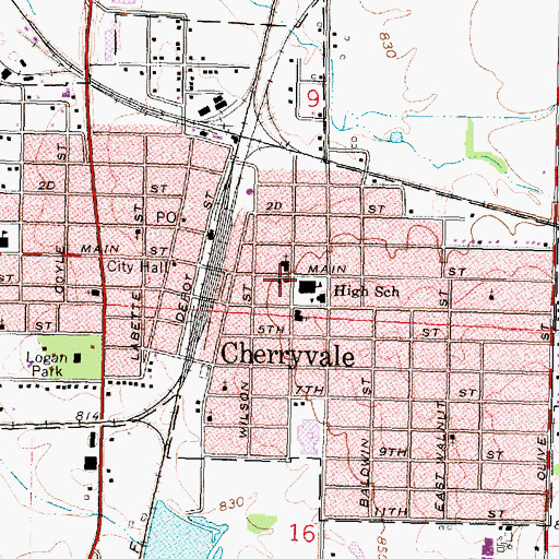 Topographic Map of Cherryvale Public Library, KS