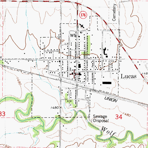 Topographic Map of Lucas Public Library, KS