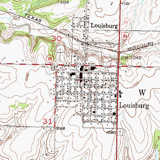 Topographic Map of Louisburg Library, KS