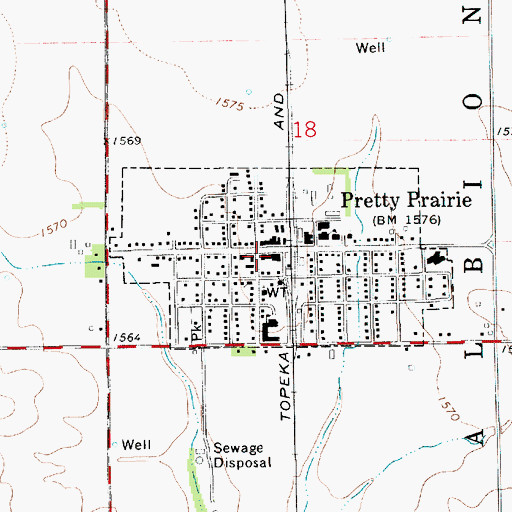 Topographic Map of Pretty Prairie Public Library, KS