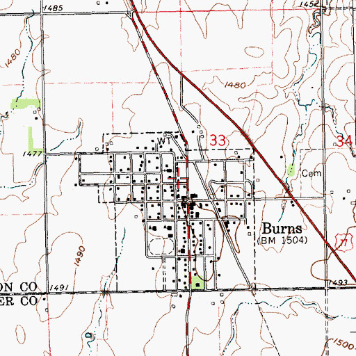 Topographic Map of Burns Public Library, KS