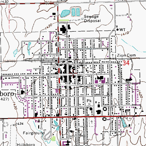 Topographic Map of Hillsboro Public Library, KS