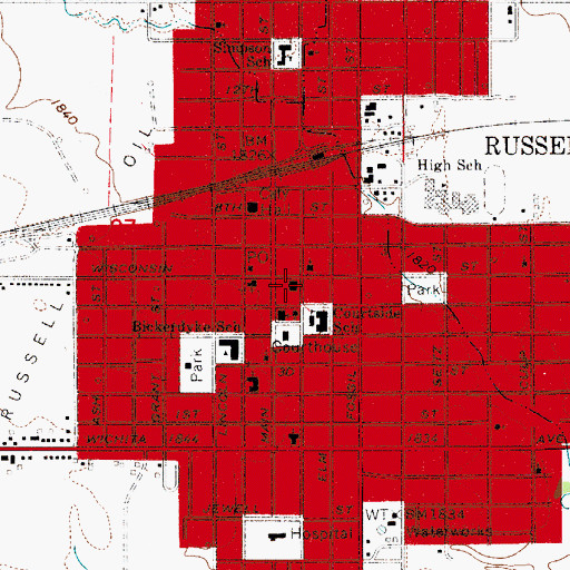 Topographic Map of Russell Public Library, KS