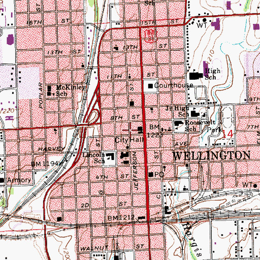 Topographic Map of Wellington Public Library, KS