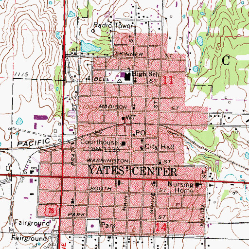 Topographic Map of Yates Center Public Library, KS