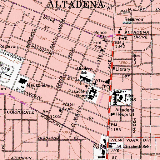 Topographic Map of Altadena Elementary School, CA