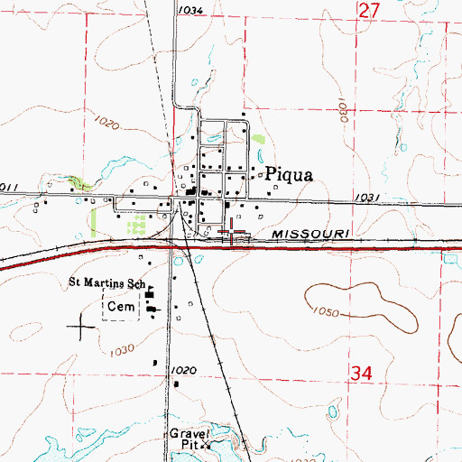 Topographic Map of Piqua Farmers Co - Operative Association Grain Elevator Number 1, KS