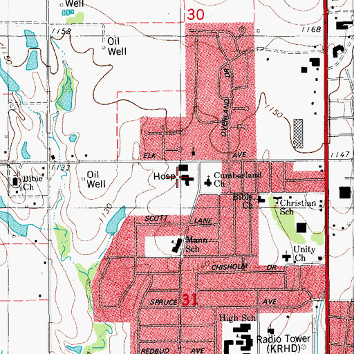 Topographic Map of Duncan Regional Hospital, OK
