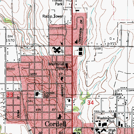 Topographic Map of Cordell Memorial Hospital, OK