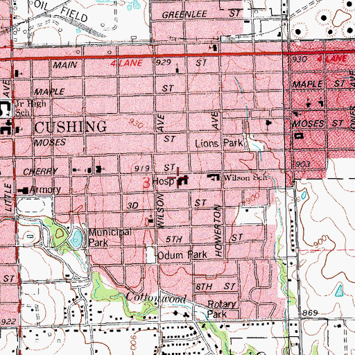 Topographic Map of Cushing Regional Hospital, OK