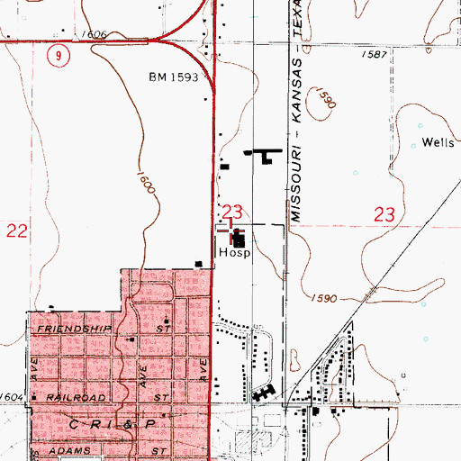 Topographic Map of Mangum Community Hospital, OK