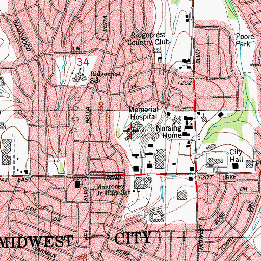 Topographic Map of Midwest Regional Emergency Medical Services Station 32, OK