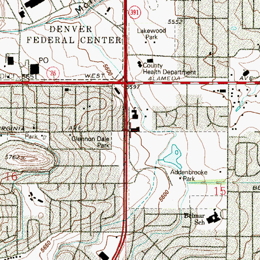 Topographic Map of Belmar Baptist Church, CO