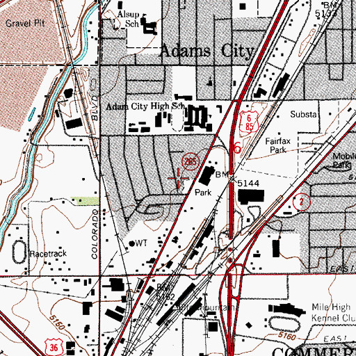 Topographic Map of Adams City Post Office, CO