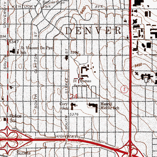 Topographic Map of Cardinal Stafford Library, CO