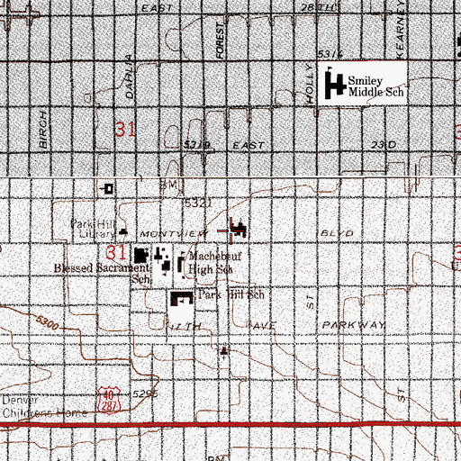 Topographic Map of Park Hill United Methodist Church, CO