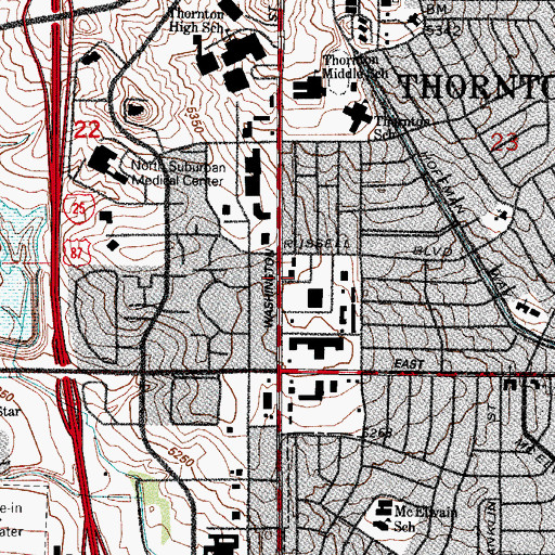 Topographic Map of Anythink Washington Street Library, CO