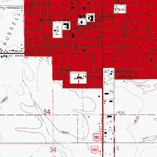 Topographic Map of Russell County Emergency Medical Services, KS