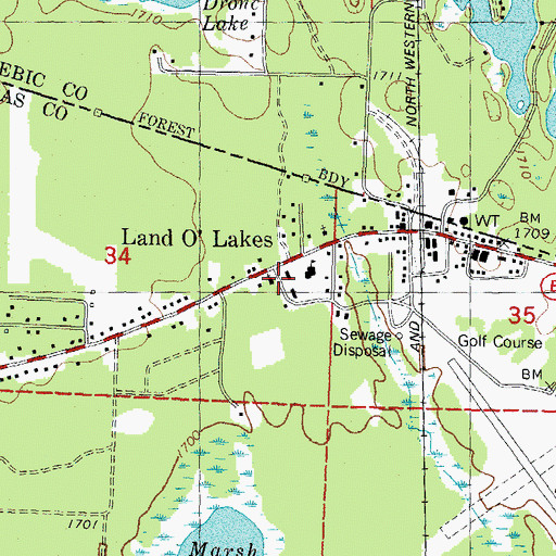 Topographic Map of Land O'Lakes Volunteer Fire Department and Ambulance Service, WI